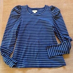 Anthropologie Maeve Navy and Light Blue Striped Puff-Sleeve Long Sleeve Top